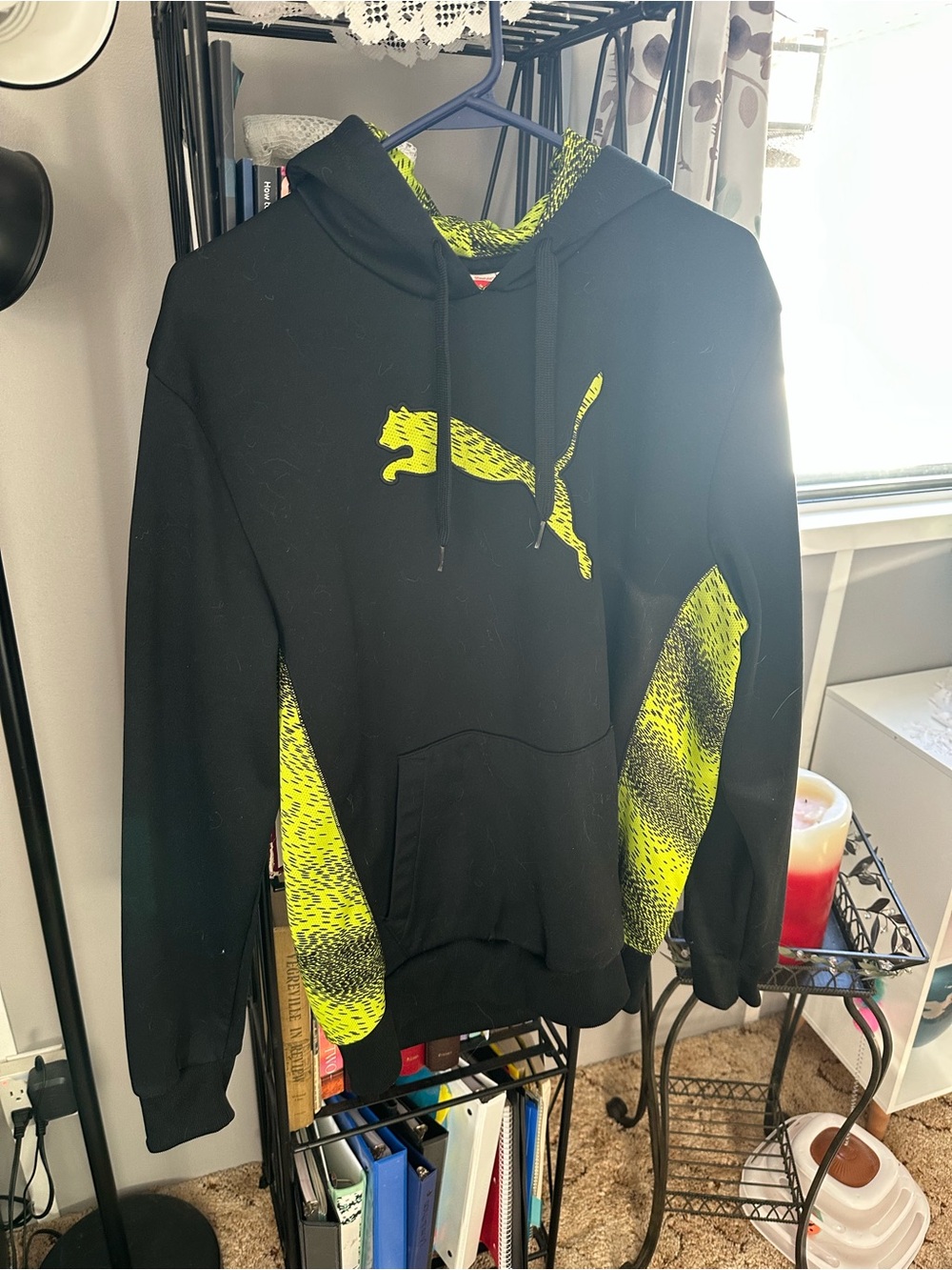 Puma Black Hoodie with Neon Yellow Graphic Accents